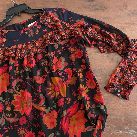 LOFT Women's Ruffle Black Orange Floral Gypsy Bohemian Y2K Style Top Size Small - Picture 3 of 10
